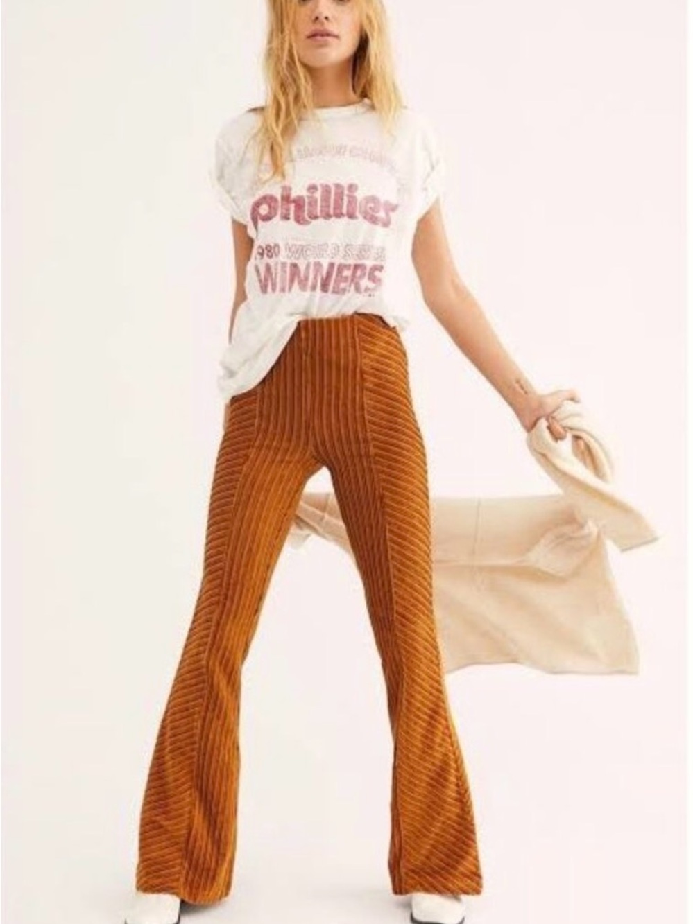 Free People High-Rise Ribbed Velvet Flare Pants - Rust